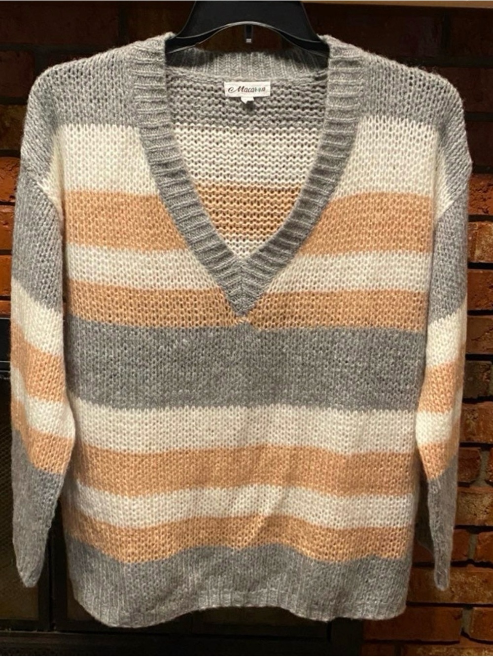 MACARON Striped V-Neck Sweater in Gray, Cream & Tan